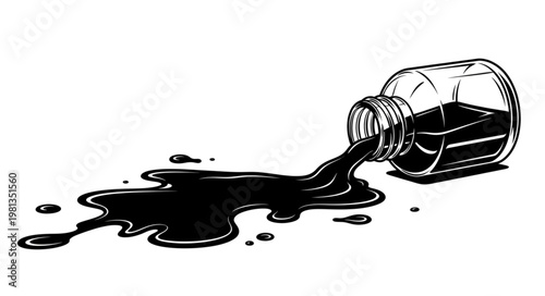 Ink Bottle Spilling Black Liquid on White Surface.
