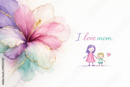 Colorful watercolor flower with simple childish drawing and message I LOVE MOM, copy space. love for mother, Mother's Day, greeting card.