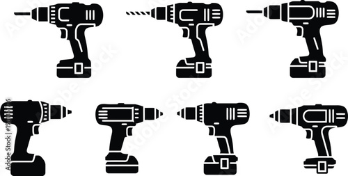 Cordless drill icons set for construction, renovation, and home improvement.