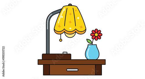 A colorful illustration depicts a table lamp and a small vase with a red flower