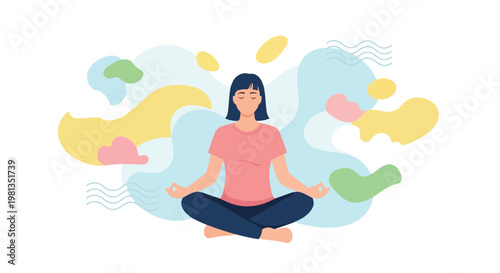Flat vector illustration of a person meditating with abstract calm shapes around, mindfulness concept, pastel palette, minimal modern design, white background