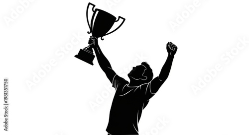 Silhouette of a victorious athlete holding a trophy aloft in celebration.
