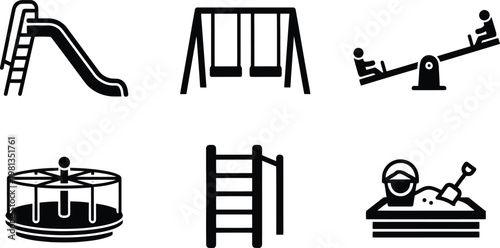 Playground equipment icons set, outdoor children's recreation park elements.