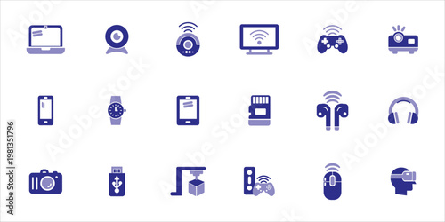 tech gadgets icons set. laptop, tablet, smartphones, headphones, wireless mouse, webcam and more. simple colored vector