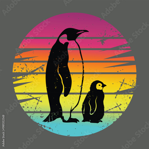 Parent and Chick - Standing adult penguin and baby penguin silhouette with retro sun