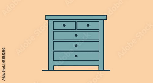 A simple flat illustration of a light blue dresser with dark knobs set against a peach background
