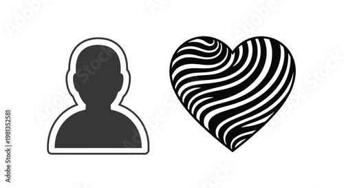 A simple graphic depicts a human profile silhouette beside a striped heart shaped form