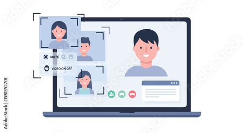 Flat illustration depicting someone having a video call on their laptop, with UI components, a neat minimal design, subtle gradient touches, and a white background.