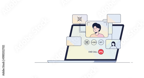 Flat artwork showing a person in a laptop video call, including UI frame details, a modern minimal layout, smooth gradient accents, and a white background.