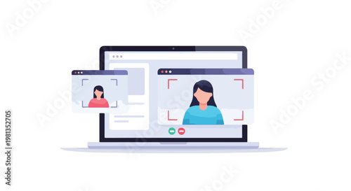A flat illustration of a person engaged in a video call via laptop, designed with interface elements, a clean and minimal composition, soft gradient effects, and a white background.
