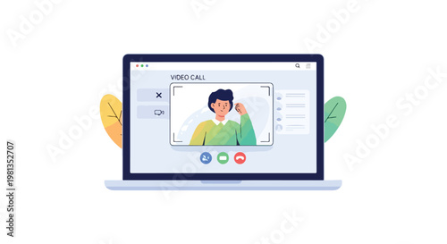 Flat illustration of a person on a video call using a laptop, featuring UI frame elements, a clean minimal layout, soft gradient accents, and a white background.
