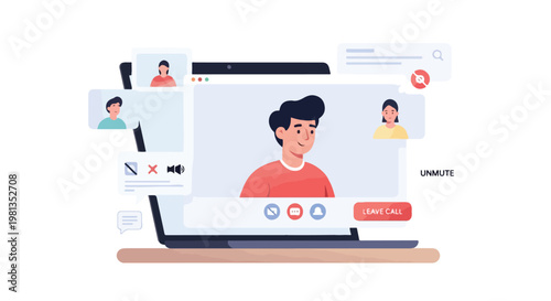 Flat illustration of person in video call on laptop, UI frame elements, clean minimal composition, soft gradients, white background