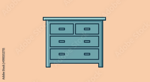 A simple cartoon style illustration of a teal colored dresser with four drawers against a peach background