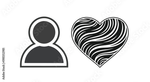 A simple black and white graphic depicts a profile silhouette alongside a heart filled with curved lines