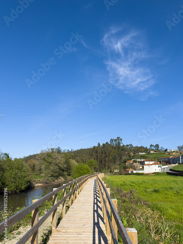 Wallpaper Mural A scenic wooden boardwalk winds through the lush green landscape of Estarreja Portugal along the Antua River under a bright blue sky featuring wispy clouds and rural houses Torontodigital.ca