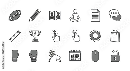 A collection of diverse line icons representing sports education technology and everyday objects