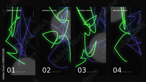 Abstract poster set with neon green and purple scribbles, futuristic dark background with glowing line art, set of 4 creative vector templates