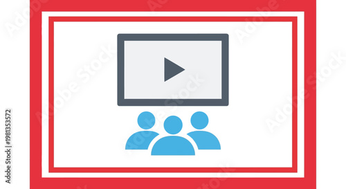 A flat design illustration depicts a television screen with a play button and three blue figures