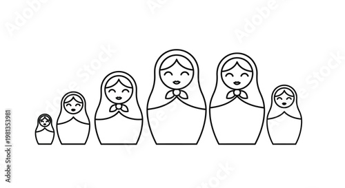 A set of five black and white nesting dolls progressively decreasing in size are displayed