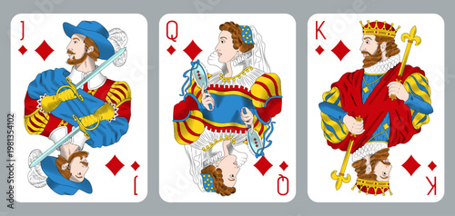 Set of Jack, Queen and King in diamonds suit. Vintage style vector illustration with detailed royal characters and classic playing card design