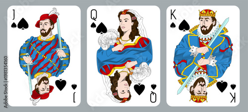 Set of face playing cards. Jack, Queen, King in spades suit. Vintage retro vector illustration with detailed royal characters and classic casino deck style