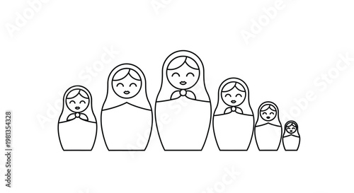 A set of five nested russian matryoshka dolls depicted in a simple black and white line drawing style