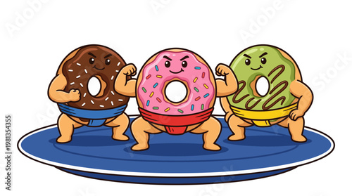 Three humorous and strong cartoon donuts, styled as muscular sumo wrestlers, playfully flexing their biceps on a vibrant blue plate, an energetic and sweet food illustration