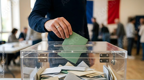 Voting Day: A hand casts a vote, depositing a ballot into a transparent box, symbolizing civic duty and the democratic process. This image captures a crucial moment in the electoral cycle.
