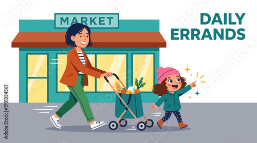 Smiling mother and daughter enjoy a happy day out, shopping for groceries and running daily errands at the local market together