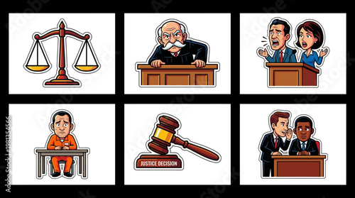 Illustrations of the legal system, including justice scales, judge, arguing lawyers, defendant, and gavel, for legal education and social justice understanding