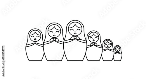 A set of five nesting dolls or matryoshka dolls are depicted in a simple black and white line drawing