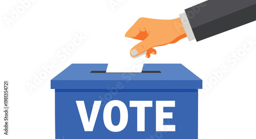 An illustration depicts a hand inserting a ballot into a blue voting box labeled vote
