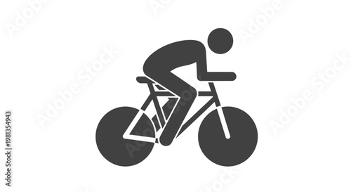 A simple black silhouette depicts a cyclist riding a bicycle in a dynamic forward motion