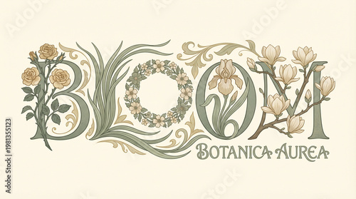 Art Nouveau Typographic Word-Art — BLOOM Spelled in Botanical Floral Letterforms in Sage and Cream — Premium Botanical Beauty Brand Hero Flat Illustration