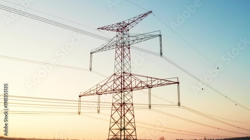 Aerial view of electricity transmission towers in a snowy field during sunset, symbolizing energy infrastructure and green energy distribution.