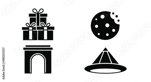 A minimalist black and white graphic displays presents a cookie an archway and a conical hat