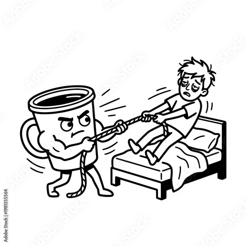 angry coffee mug pulling man out of bed line drawing illustration vector clipart black and white