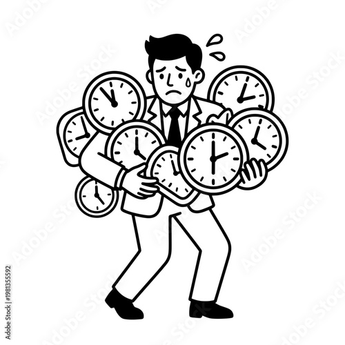 overloaded businessman carrying many clocks line drawing illustration vector clipart black and white