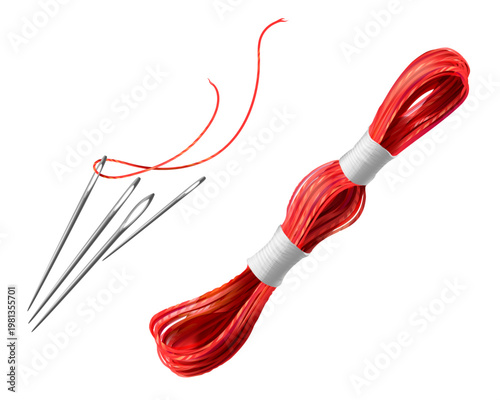 Set of Metal Sewing Needles and Red Embroidery Thread Floss Isolated on White Background