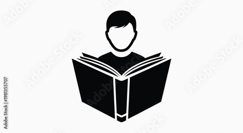 A simple black silhouette depicts a person intently reading an open book focusing on knowledge