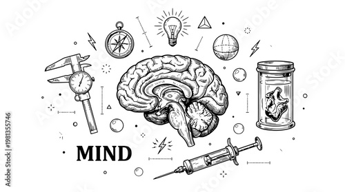 Vintage Vector Illustration of Human Brain Anatomy with Science Research Tools Syringe and Heart Specimen