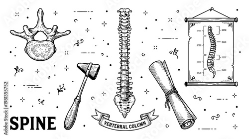 Hand Drawn Vintage Medical Illustration of Human Spine and Vertebral Column with Chiropractic Reflex Hammer