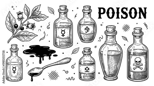Vintage Alchemy and Apothecary Poison Bottles Set, Hand Drawn Engraving Style Vector Illustration with Skull, Belladonna, and Occult Symbols