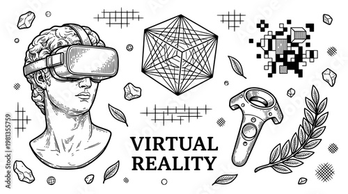 Virtual Reality Concept with Antique Statue Bust in VR Goggles, Geometric Shapes and Controller, Hand Drawn Engraving Style Vector Illustration