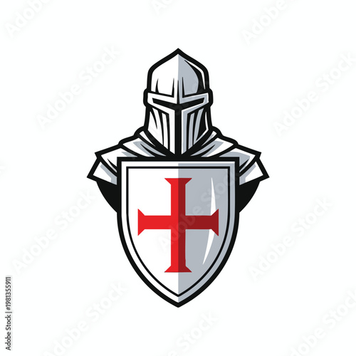 Strong Medieval Knight in Armor Holding a Shield with Cross Emblem