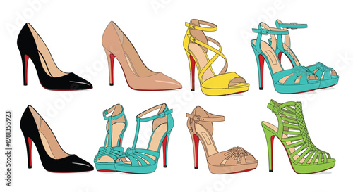 A collection of colorful stylized high heeled shoes displayed on a clean white background