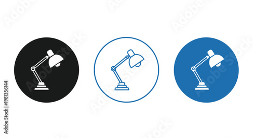 Three identical desk lamp icons are presented within differently colored circular frames