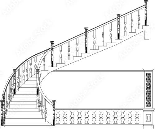 Technical architectural drawing showing a grand curved staircase with ornate balusters, handrails, and a lower balustrade in classical style.