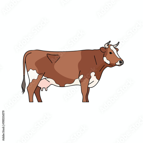 Illustration of a Friendly Cow Standing on a Plain Field