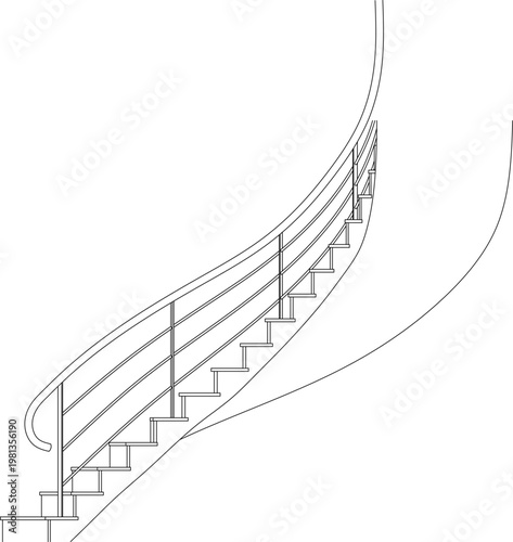 Technical architectural drawing showing a side elevation of a curved staircase with continuous handrail and vertical balusters in outline style.